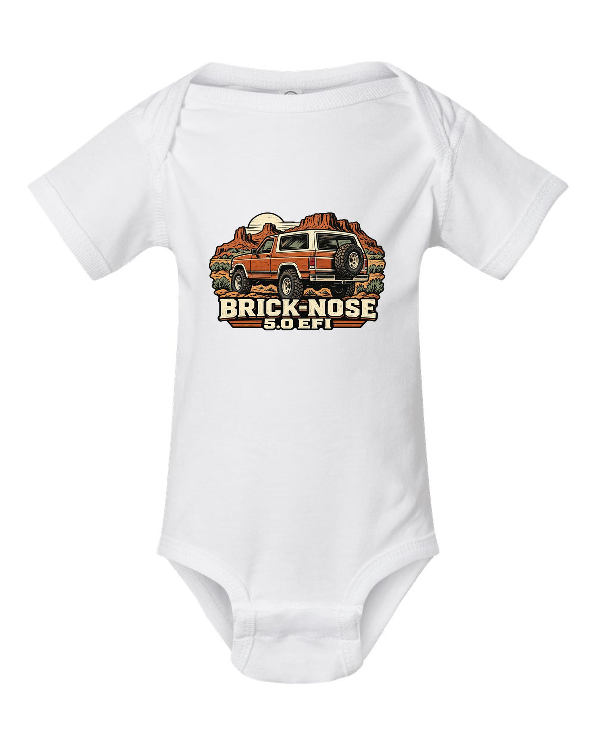 Ford Bronco Brick-Nose 1987-1991 rear in a linocut woodcut print white baby onesie front view with the design