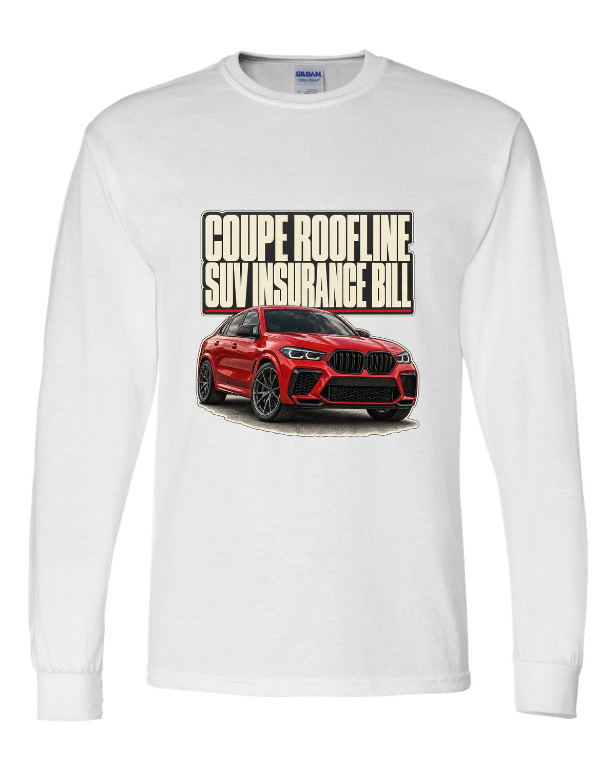 BMW X6 M Competition F96 editorial headline print on a tee white long sleeve front view with the design