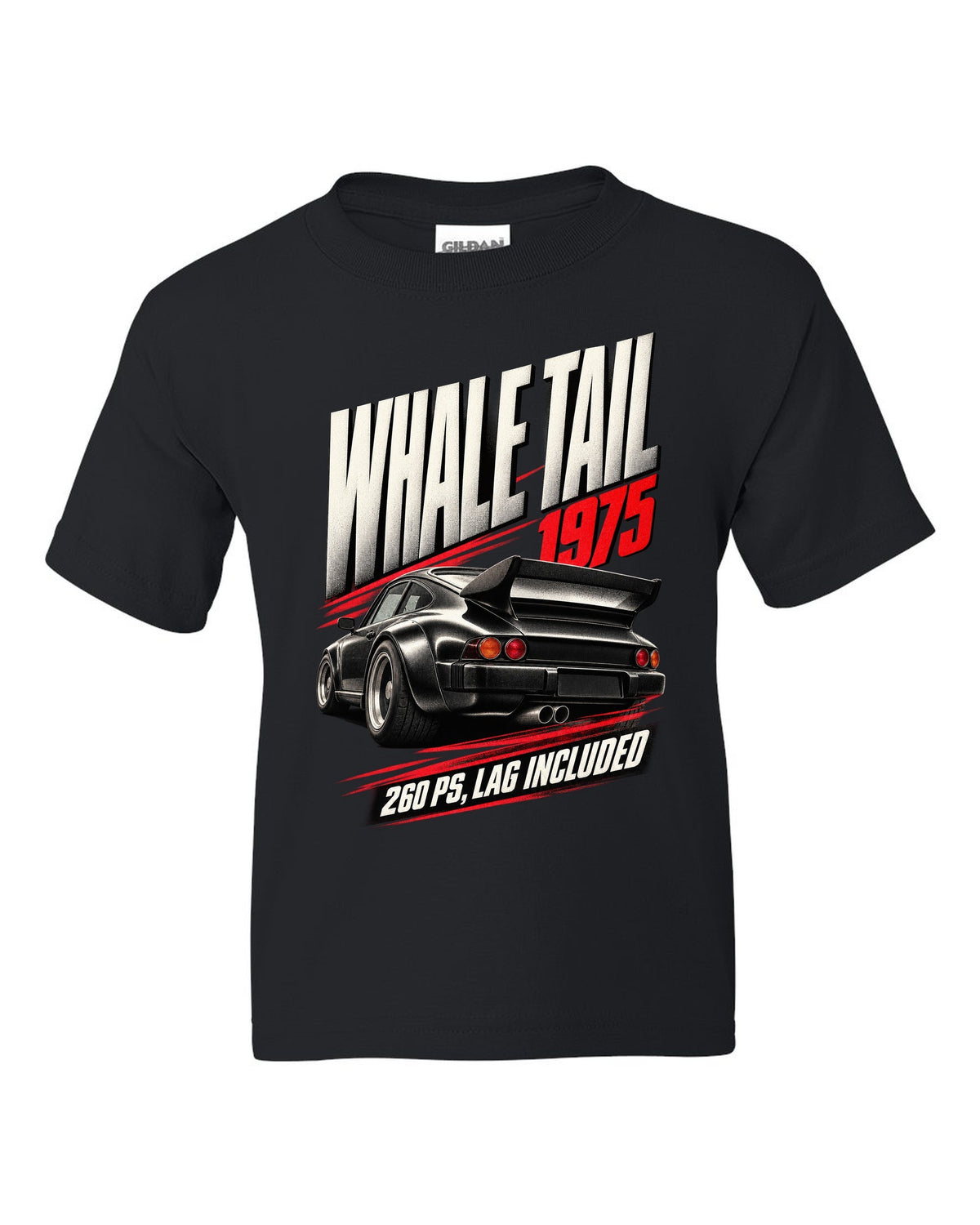 Race poster print of the 1975 Porsche 911 Turbo 3.0 (930) with whale tail and 260 PS text black kids tee front view with the design