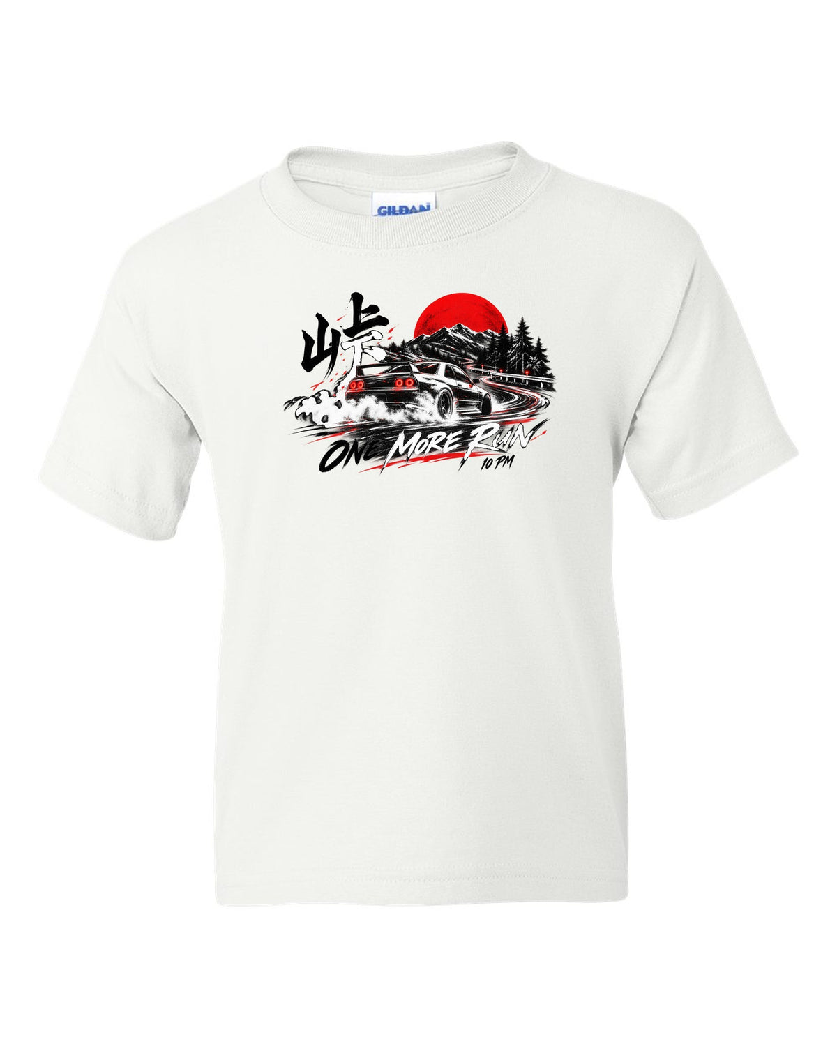 Night cornering print of a Mazda RX-7 FD3S with one more run lettering white kids tee front view with the design