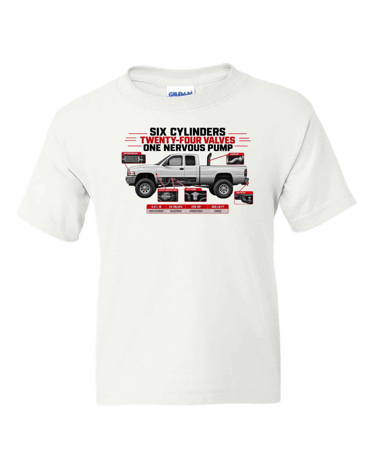Spec poster of a 1998.5-2002 Ram 2500 5.9 24V with six cylinders, twenty-four valves, one nervous pump white kids tee front view with the design