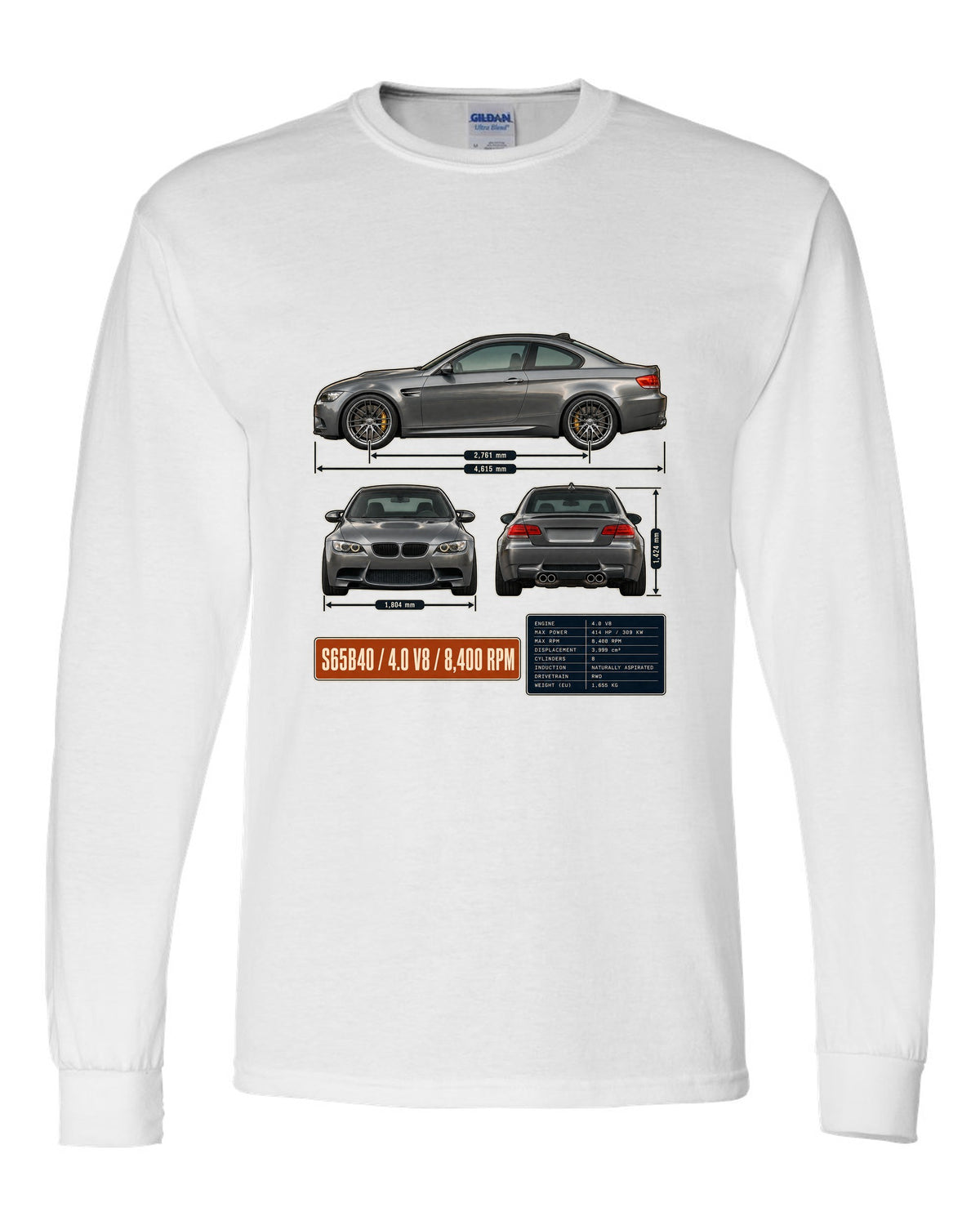 BMW M3 E92 coupe three-view drawing with S65 V8 spec table white long sleeve front view with the design