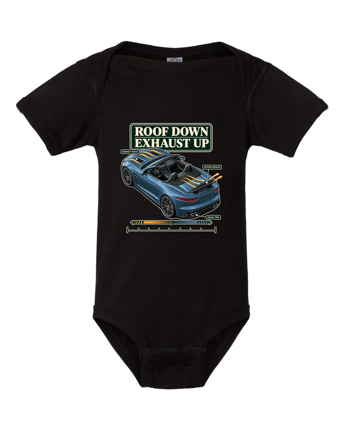 Aero cutaway callout print of the Jaguar F-Type R Convertible with roof down exhaust up text black baby onesie front view with the design