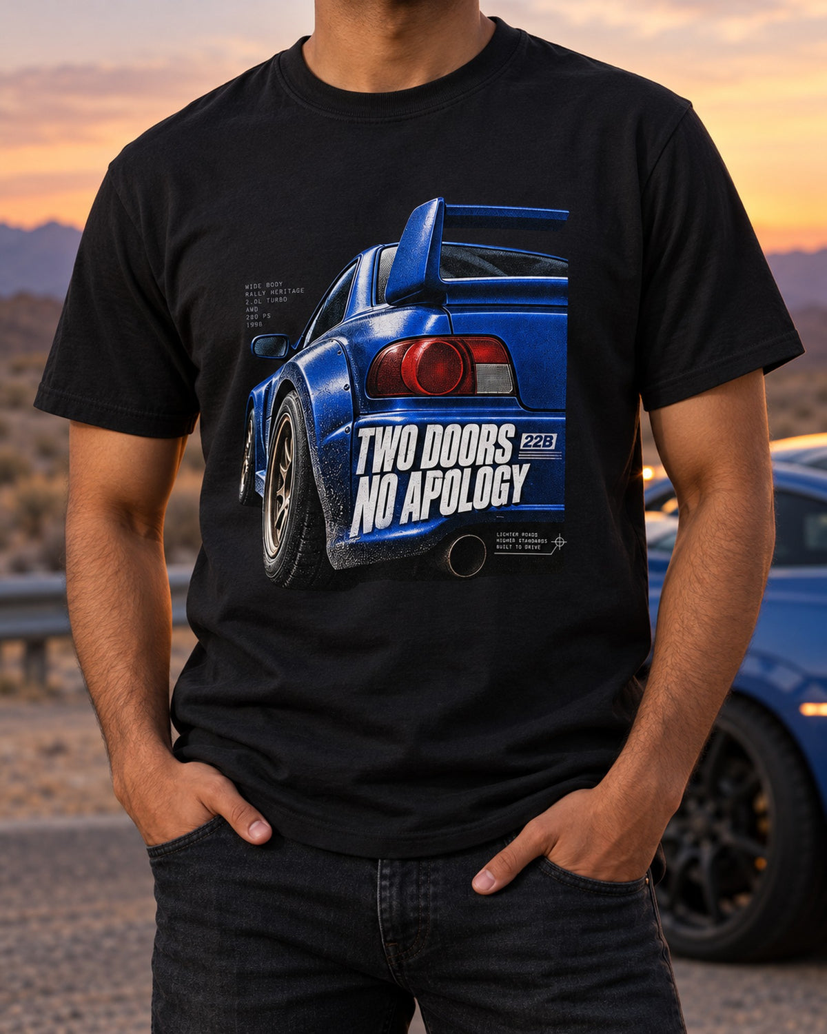 22B STI Wing Detail Macro Tee, Two Doors No Apology Subaru T-Shirt Black worn hero