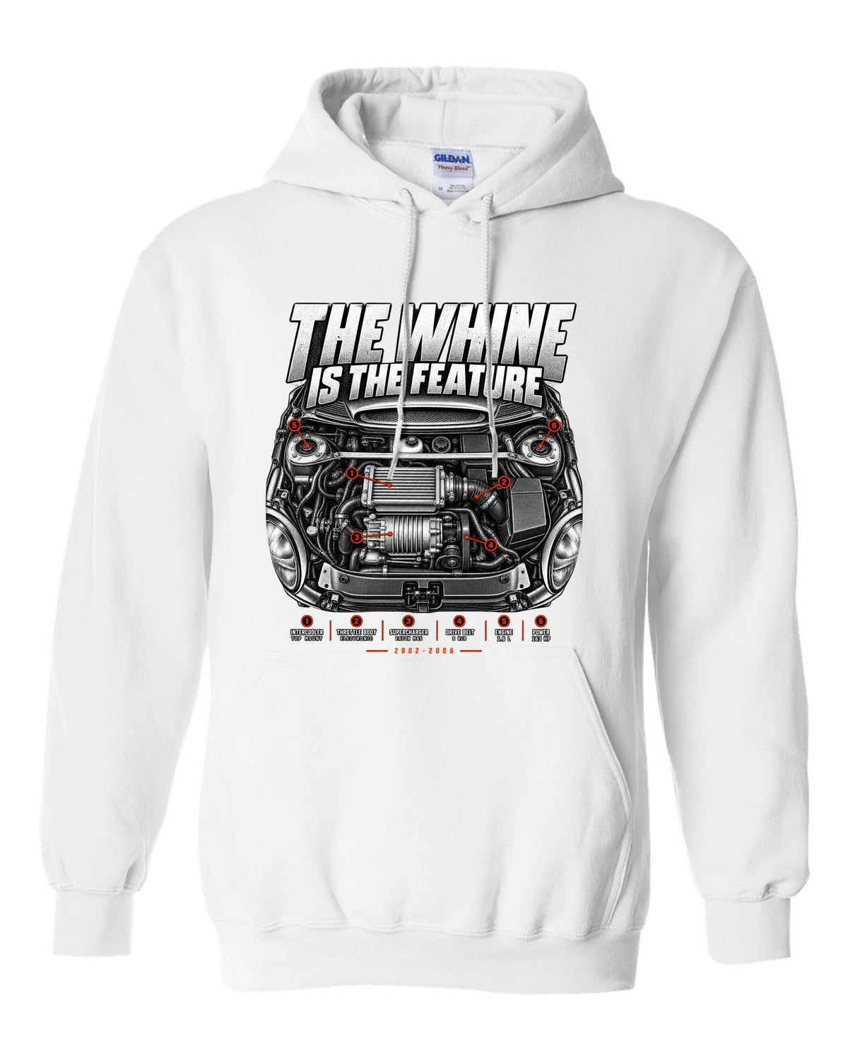 Mini Cooper S R53 engine bay print with supercharger callouts and whine text white pull over hoodie front view with the design