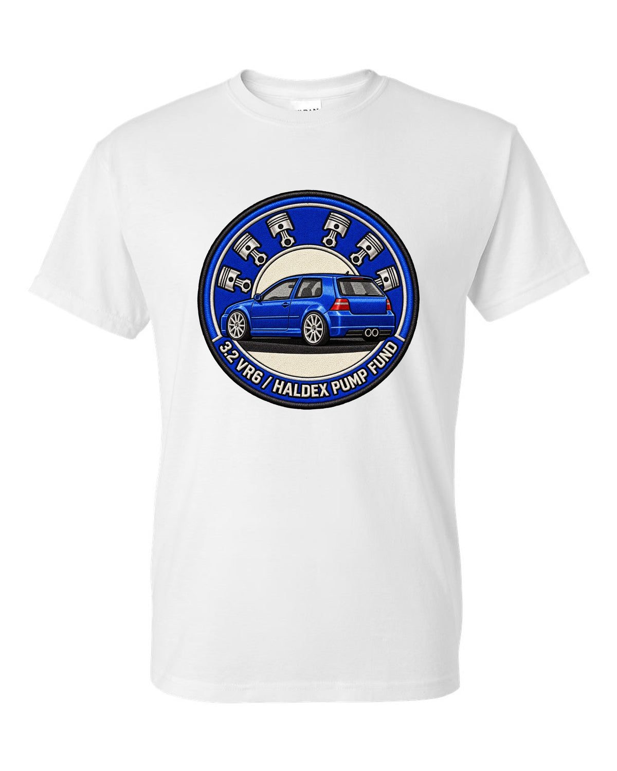 Varsity crest print for a VW Golf R32 Mk4 with 3.2 VR6 and Haldex pump fund lettering white t-shirt front view with the design