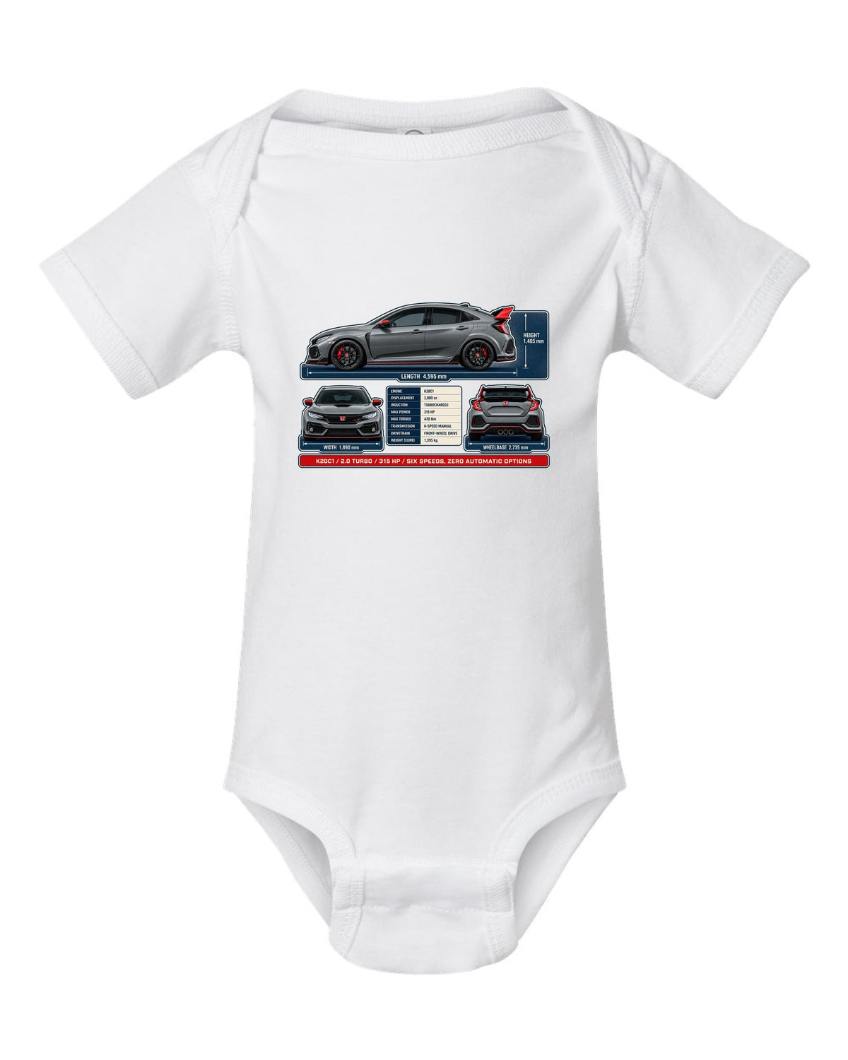 print dimension blueprint of a Honda Civic Type R FL5 in warm grey white baby onesie front view with the design