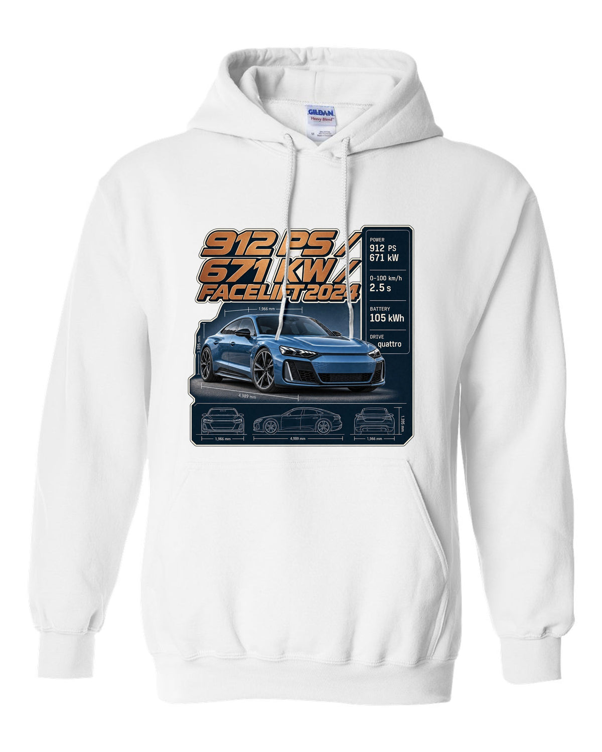 Audi RS e-tron GT performance facelift spec poster print design white pull over hoodie front view with the design