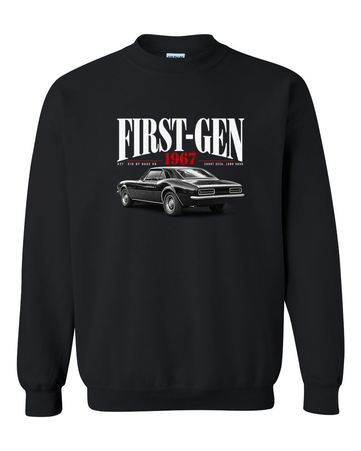 Editorial-style print of a 1967 Chevrolet Camaro RS with first-gen and 327 V8 caption black crewneck front view with the design