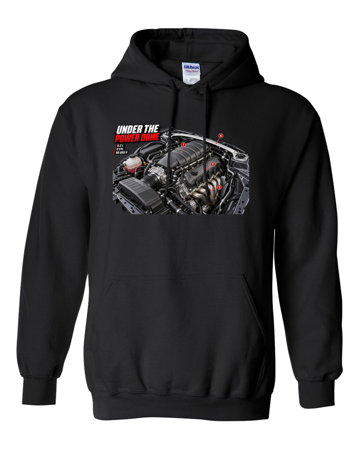 print of the Mercedes C63 AMG W204 M156 engine bay with the text Under The Power Dome black pull over hoodie front view with the design