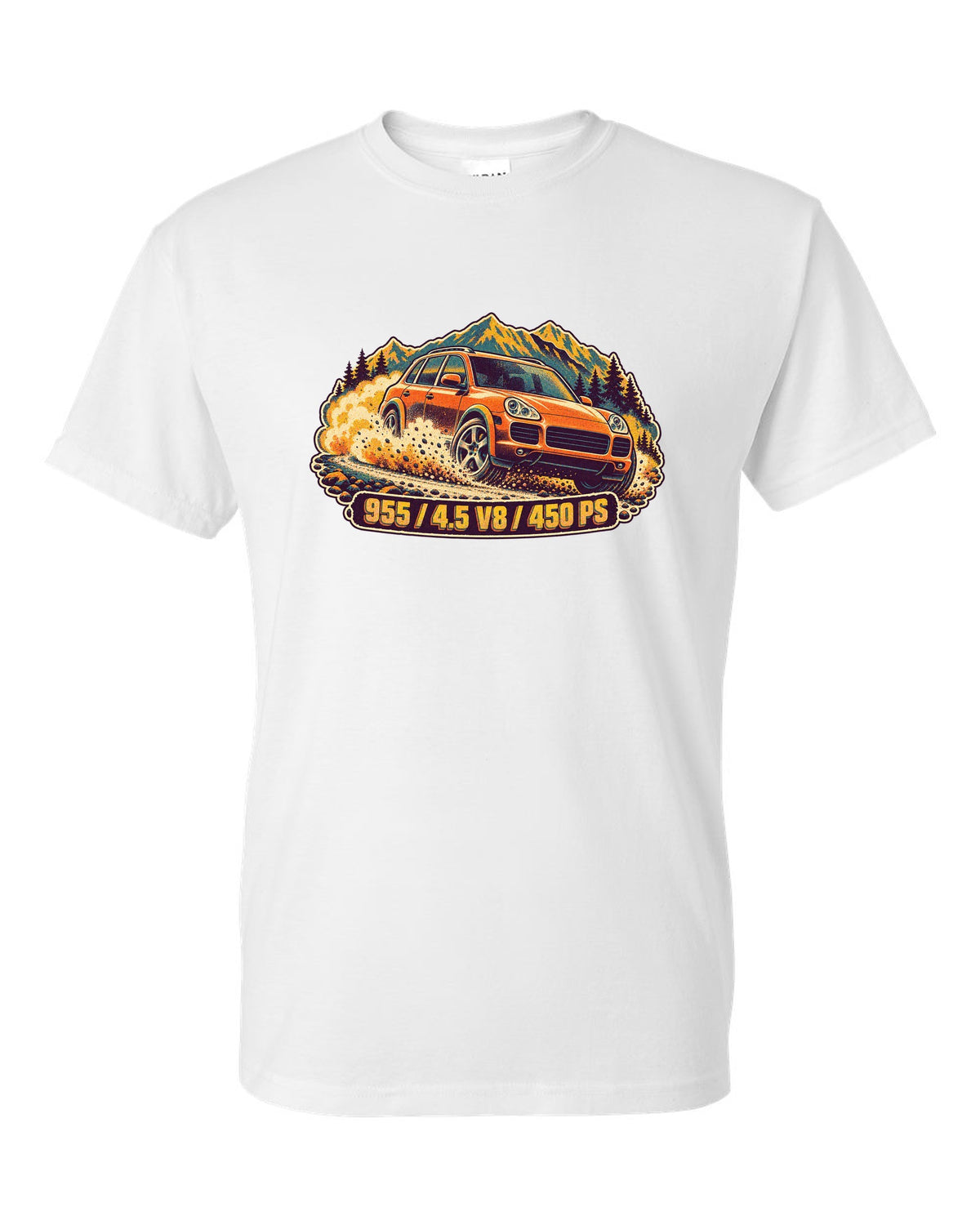 Retro manga halftone print of a Porsche Boxster Spyder 981 taillight with the text 981, 3.8 and 375 PS white t-shirt front view with the design