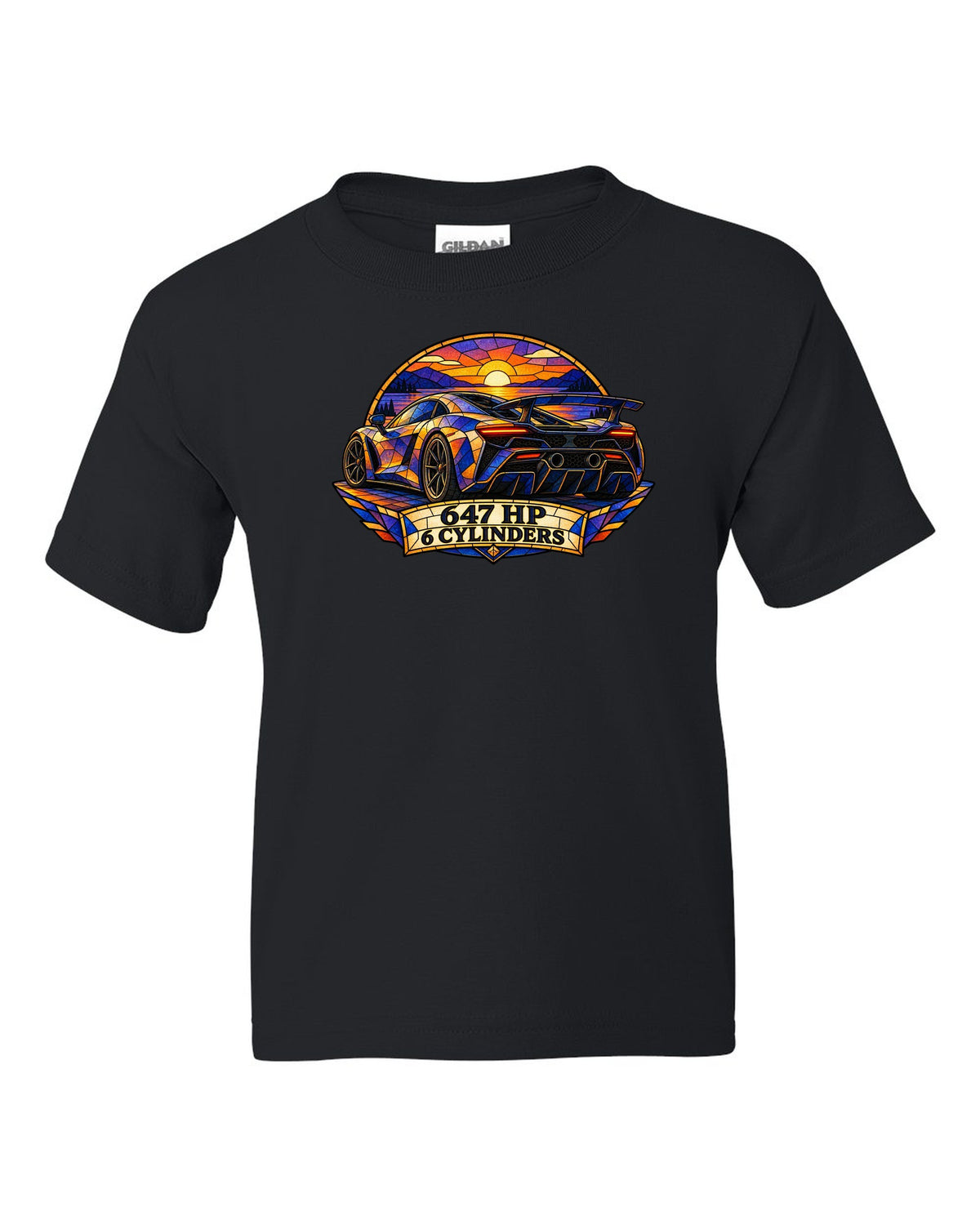 Ford GT 2017-2022 buttress profile in a stained-glass geometric print black kids tee front view with the design