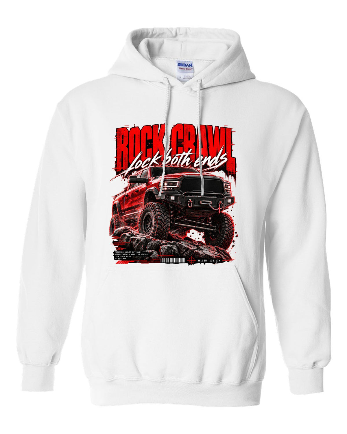 Street poster print of a 2019-2024 Ram 2500 Power Wagon with winch bumper white pull over hoodie front view with the design