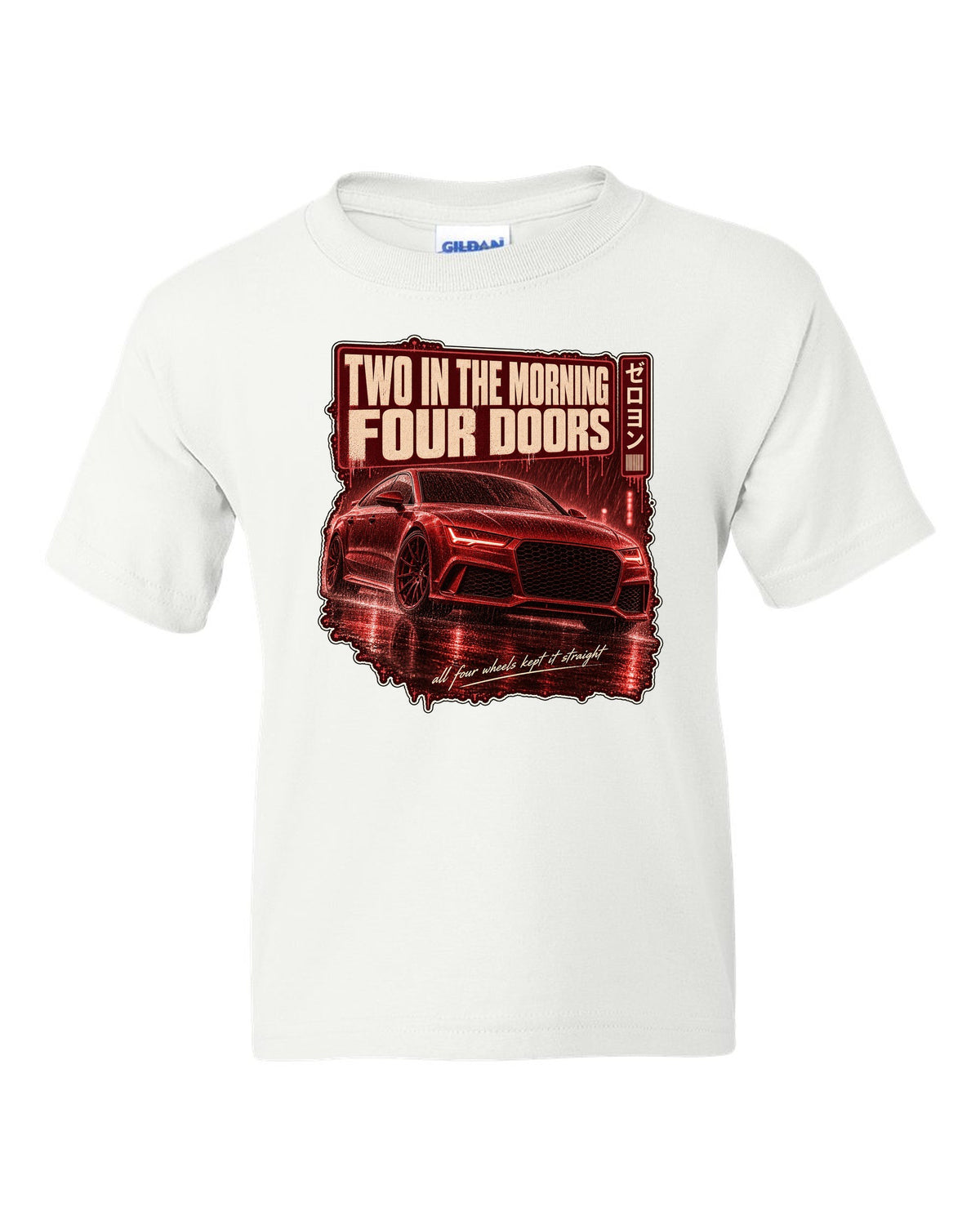 Audi RS7 Sportback C7 on a rainy night street print white kids tee front view with the design
