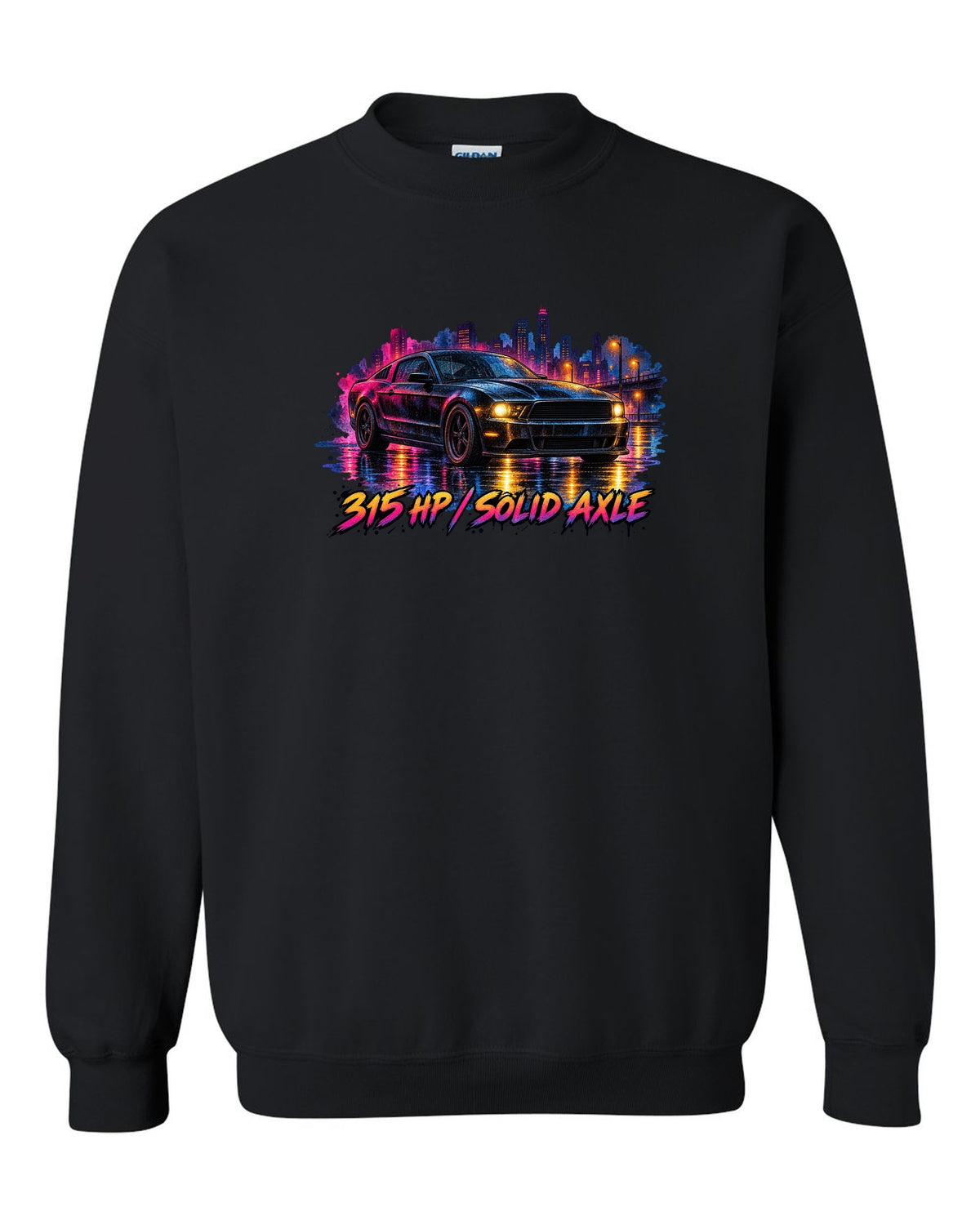Watercolour wet road night scene with a 2005-2014 S197 Ford Mustang fastback black crewneck front view with the design