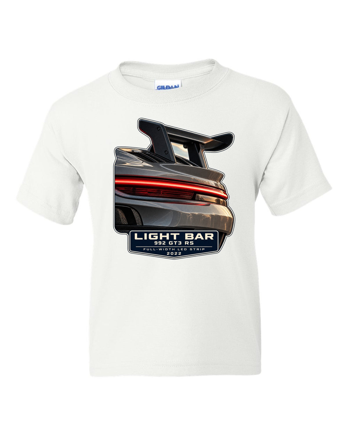 Porsche 992 GT3 RS taillight macro light bar print design white kids tee front view with the design