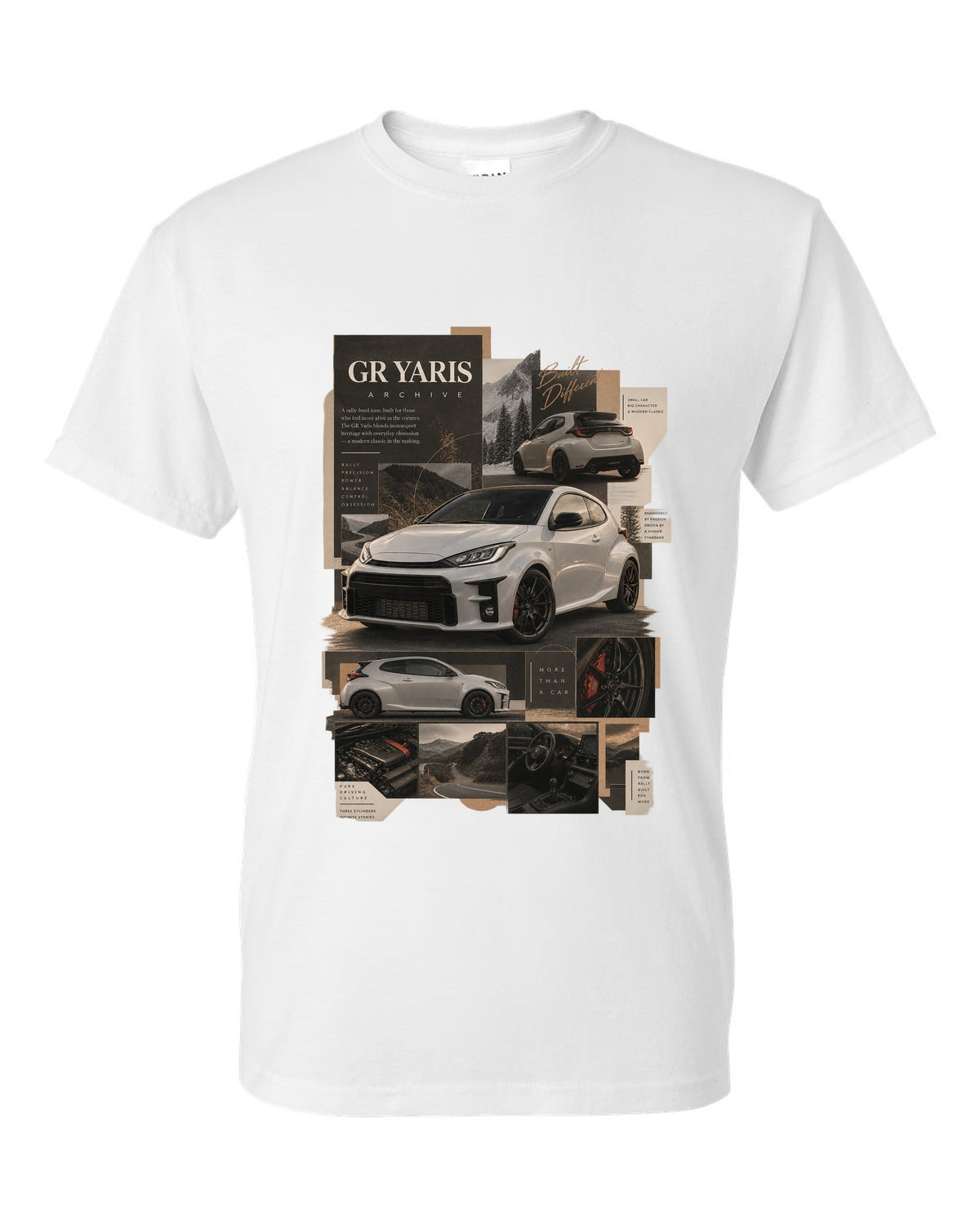 Three-view spec sheet of the Toyota GR Yaris XP210 three-door white t-shirt front view with the design
