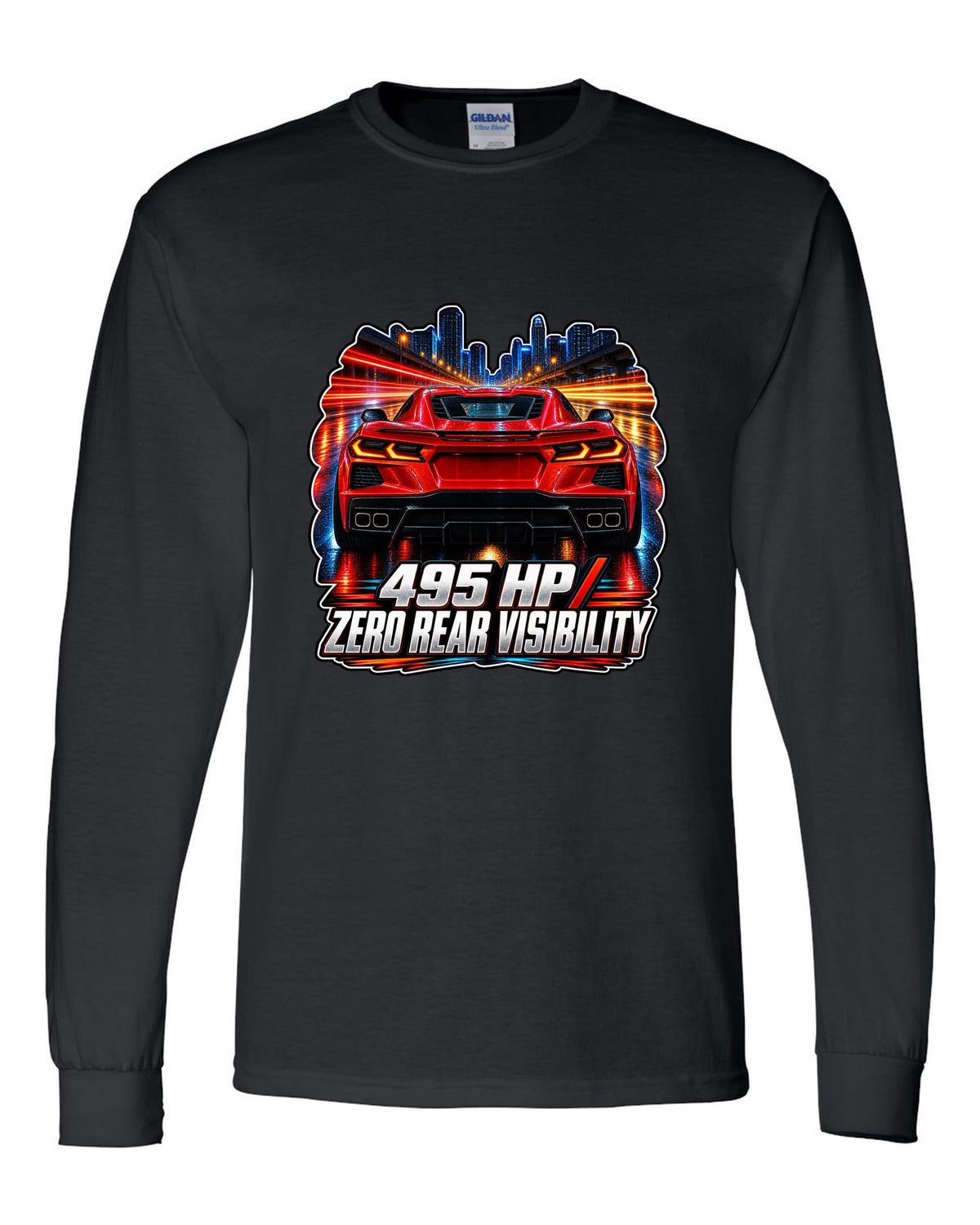 Long-exposure night poster print of a 2020 Chevrolet Corvette C8 Stingray with 495 HP zero rear visibility lettering black long sleeve front view with the design