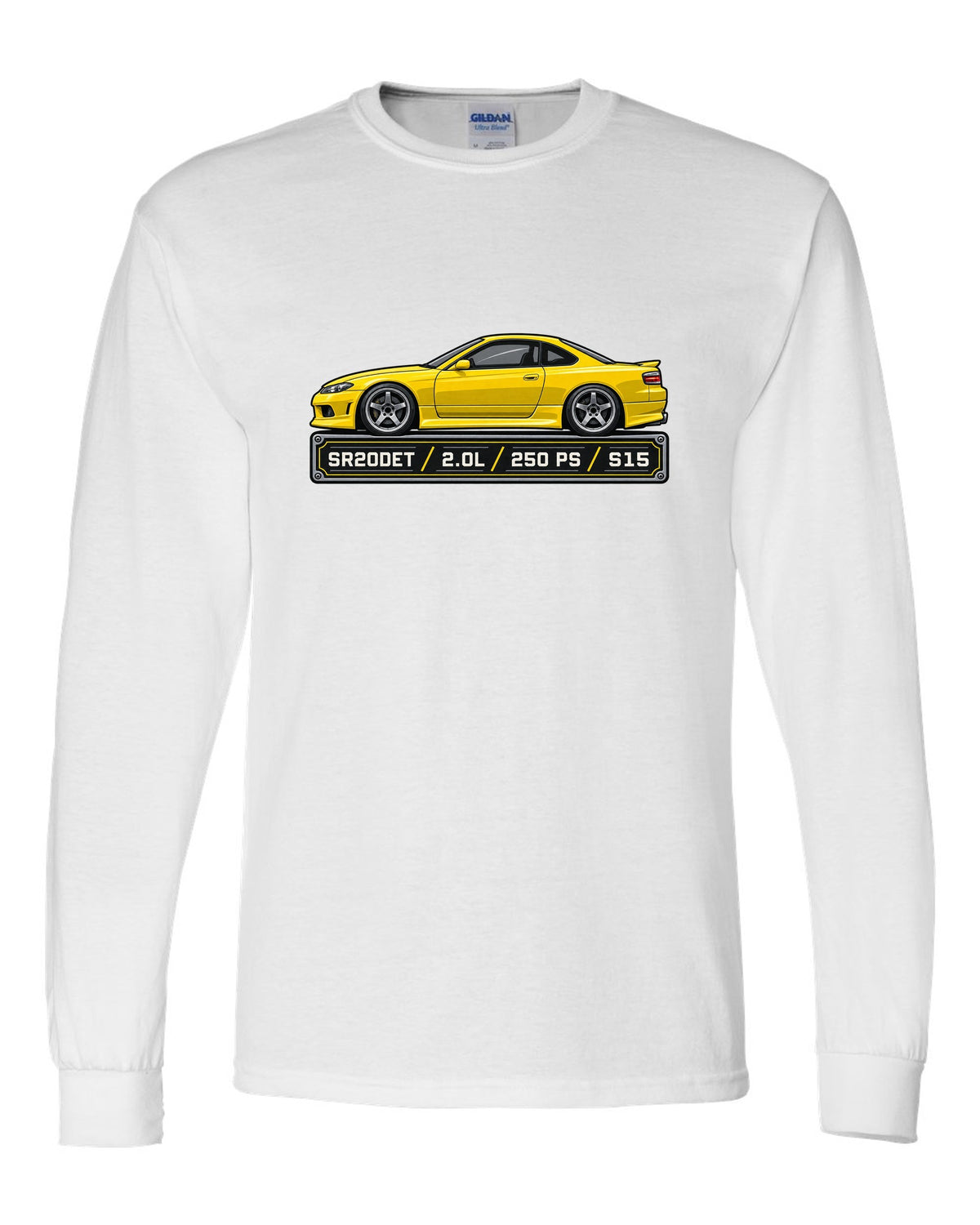 Spec-sheet data plate print for the Nissan Silvia S15 listing SR20DET 2.0L 250 PS white long sleeve front view with the design