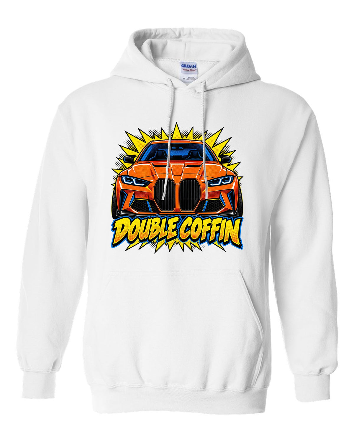 BMW G80 M3 head-on comic halftone pop art print with Double Coffin text white pull over hoodie front view with the design