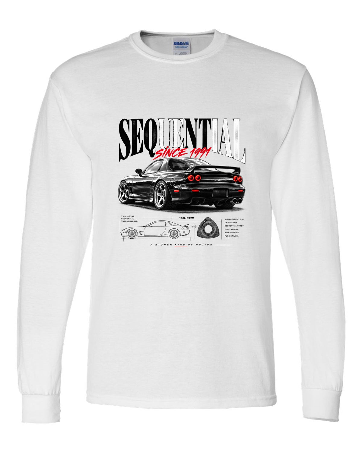 Editorial print of a Mazda RX-7 FD3S rear three-quarter with sequential headline white long sleeve front view with the design