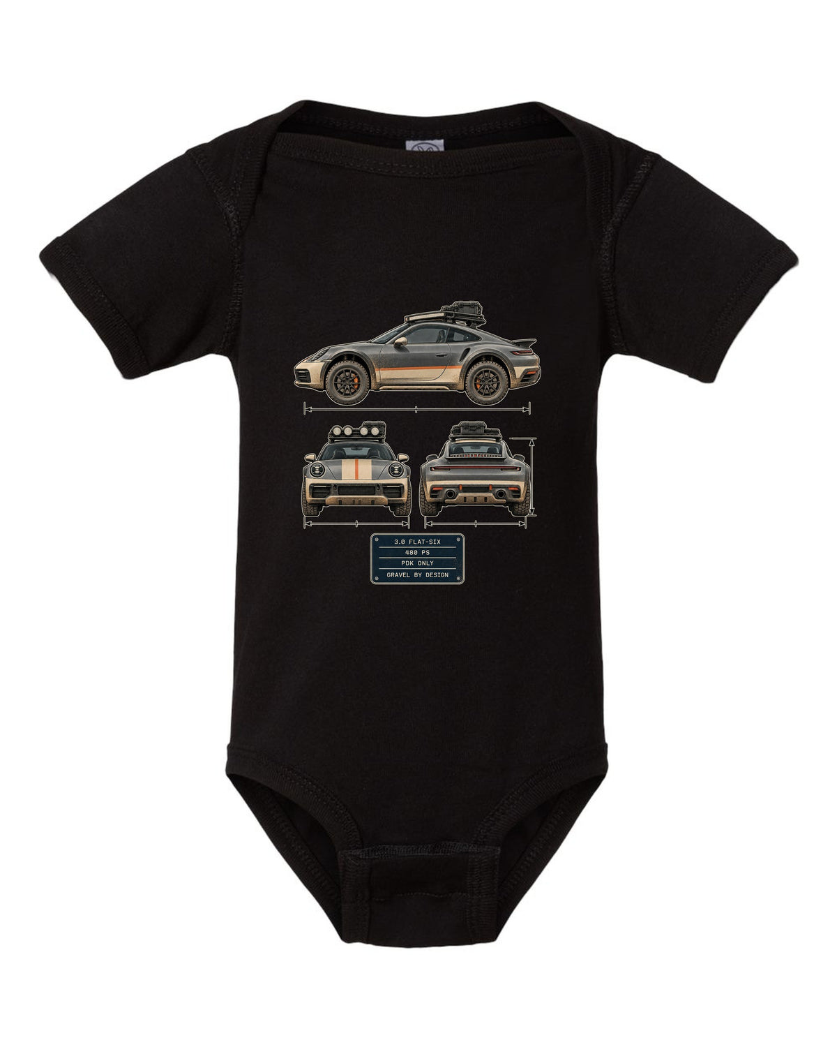 Three-view and spec table print of a Porsche 911 Dakar 992 black baby onesie front view with the design