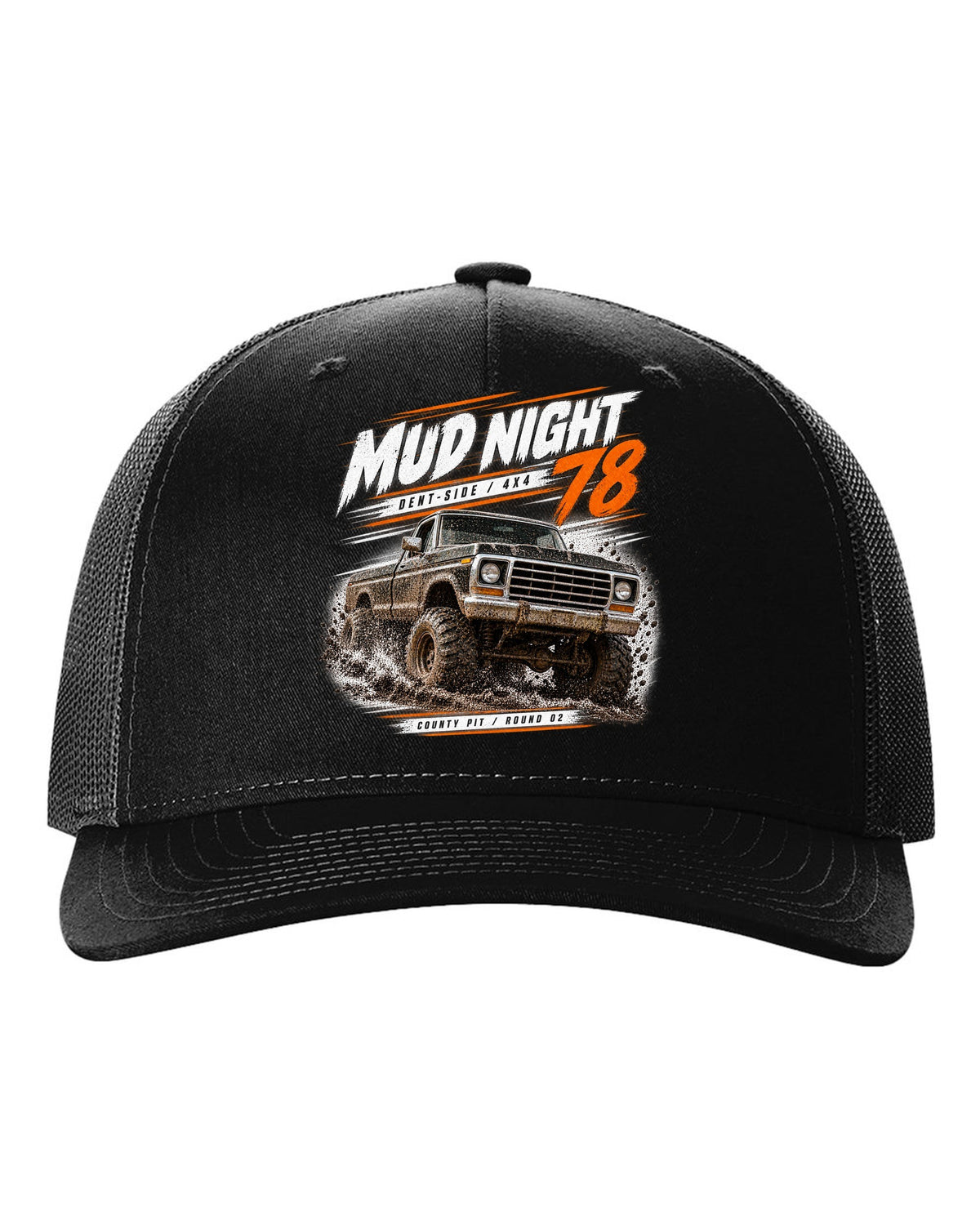 Ford F-150 Dent-Side 1973-79 4x4 Mud Night Race Poster Tee black hat front view with the design