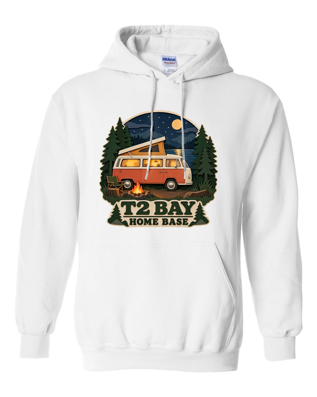 Layered paper-cutout shadow box print of a VW Bus T2 bay-window at a night camp white pull over hoodie front view with the design