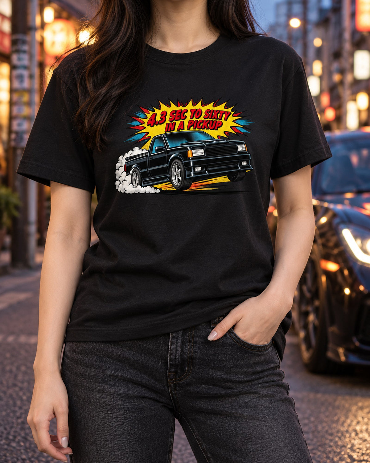GMC Syclone 1991 Comic Pop-Art Launch Shirt, 4.3 Sec to Sixty T-Shirt Black worn hero