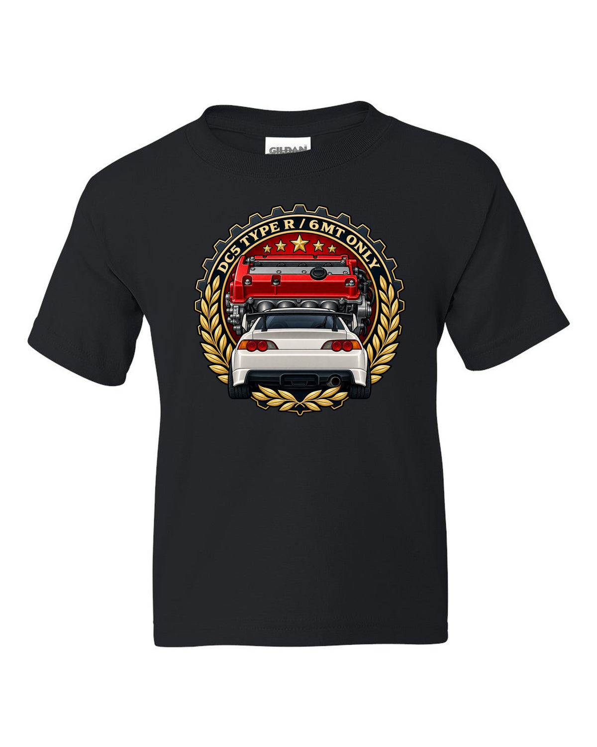 Cel-shaded anime night touge scene with a Honda Integra Type R DC5 black kids tee front view with the design