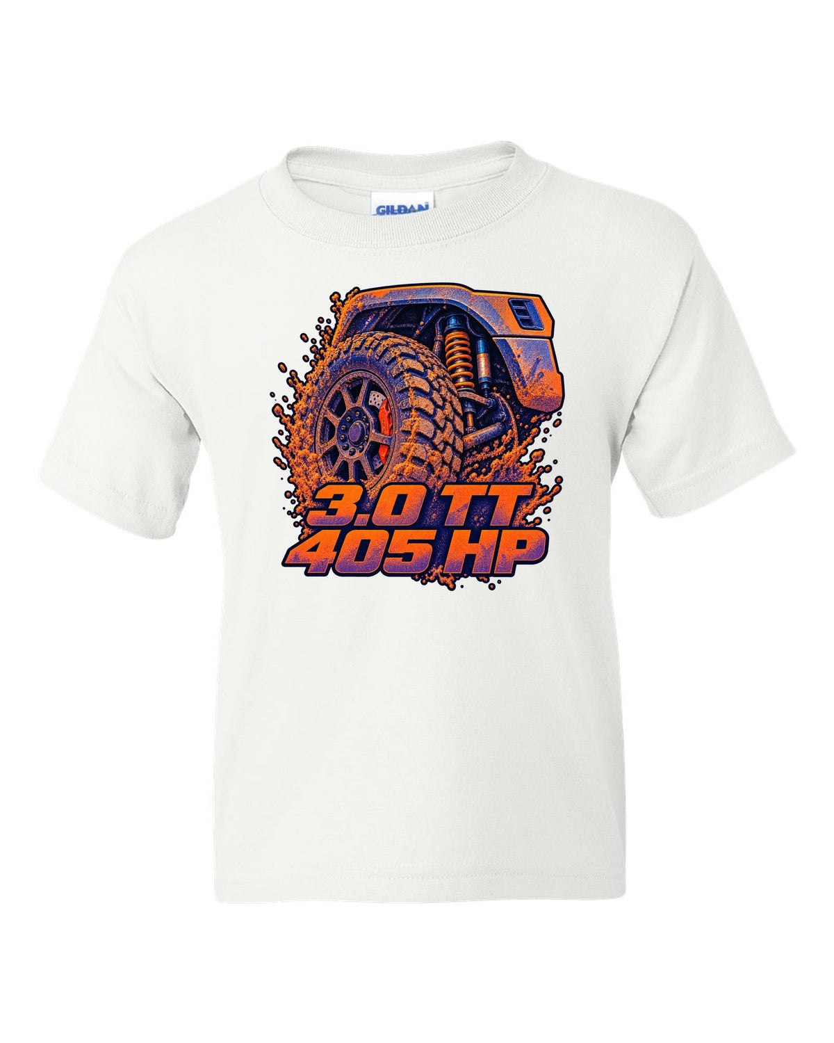 Ford Ranger Raptor P703 wheel and brake in a risograph style print white kids tee front view with the design