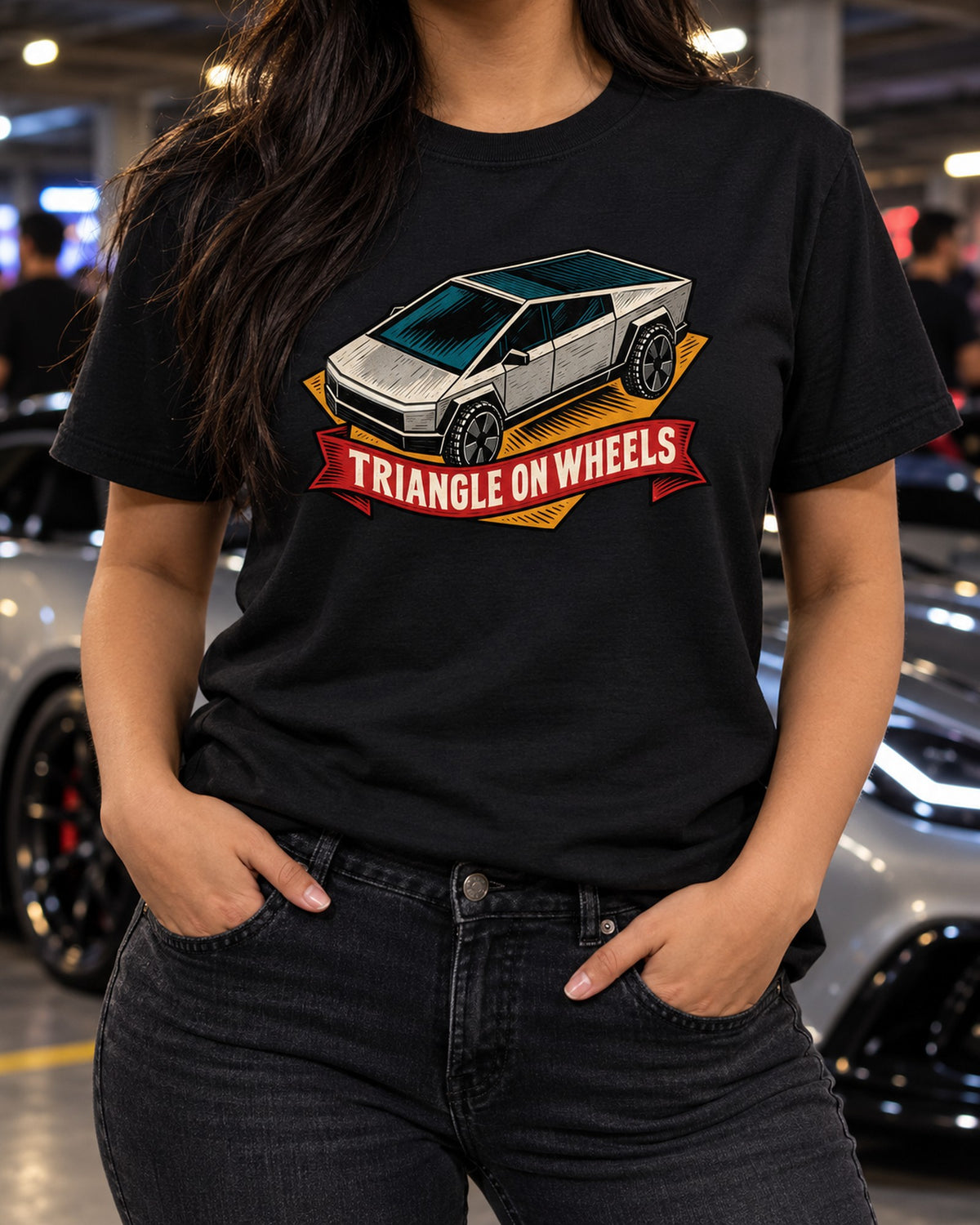 Tesla Cybertruck Linocut Woodblock Shirt, Triangle on Wheels T-Shirt Black worn hero