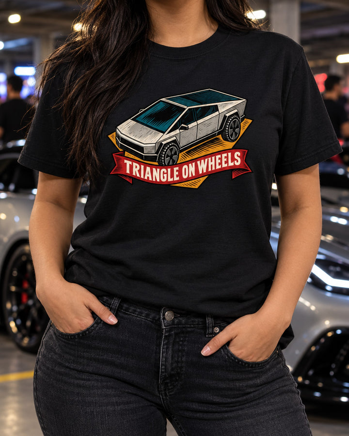 Tesla Cybertruck Linocut Woodblock Shirt, Triangle on Wheels T-Shirt Black worn hero