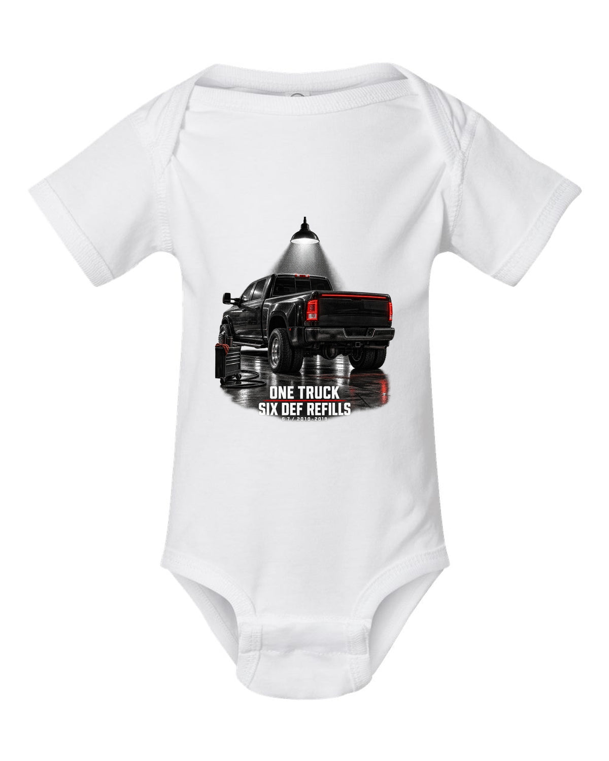 Ram 3500 4th gen dually 6.7 in a night garage with the text One truck, six DEF refills white baby onesie front view with the design