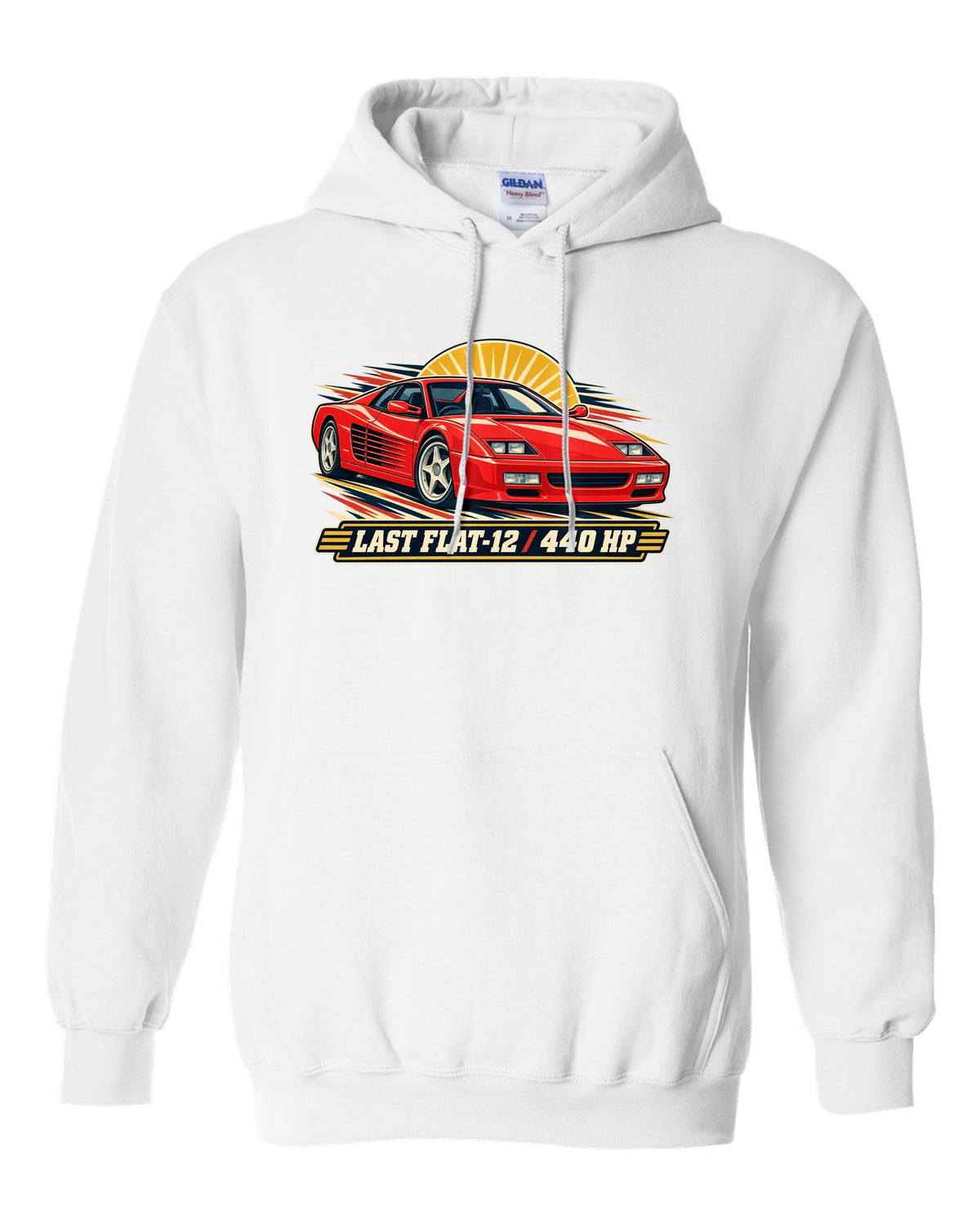 Retro race programme illustration print of the Ferrari F512 M with the text last flat-12, 440 HP white pull over hoodie front view with the design