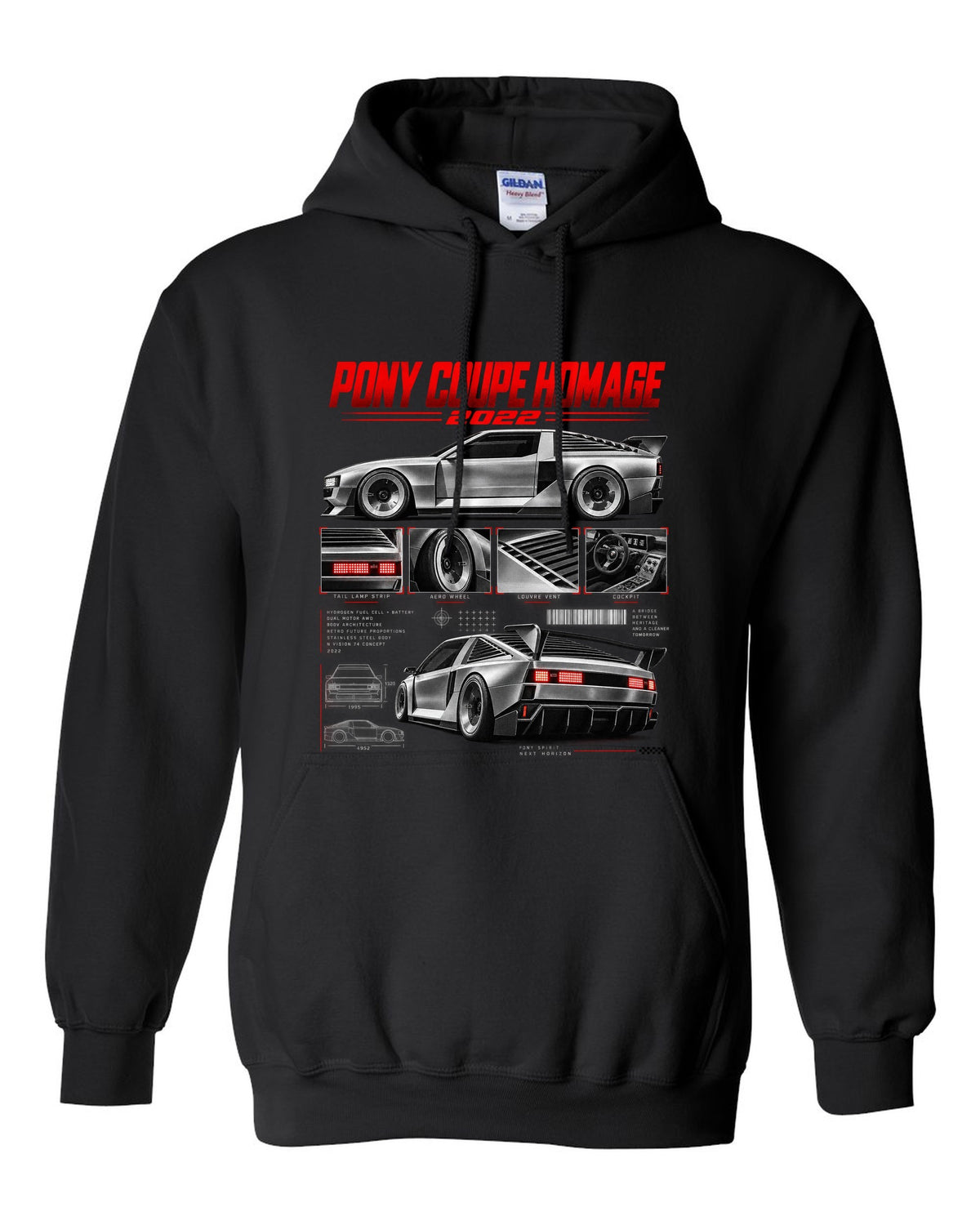 Hyundai N Vision 74 Dossier black pull over hoodie front view with the design