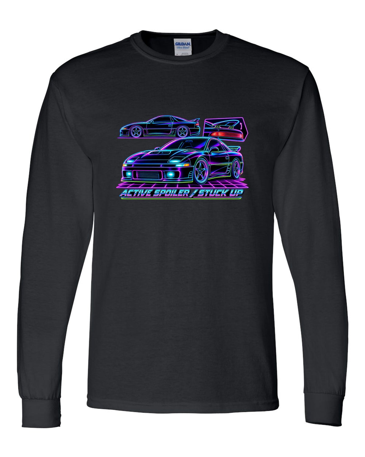 Neon wireframe outline print of the Mitsubishi 3000GT VR-4 with active spoiler stuck up text black long sleeve front view with the design