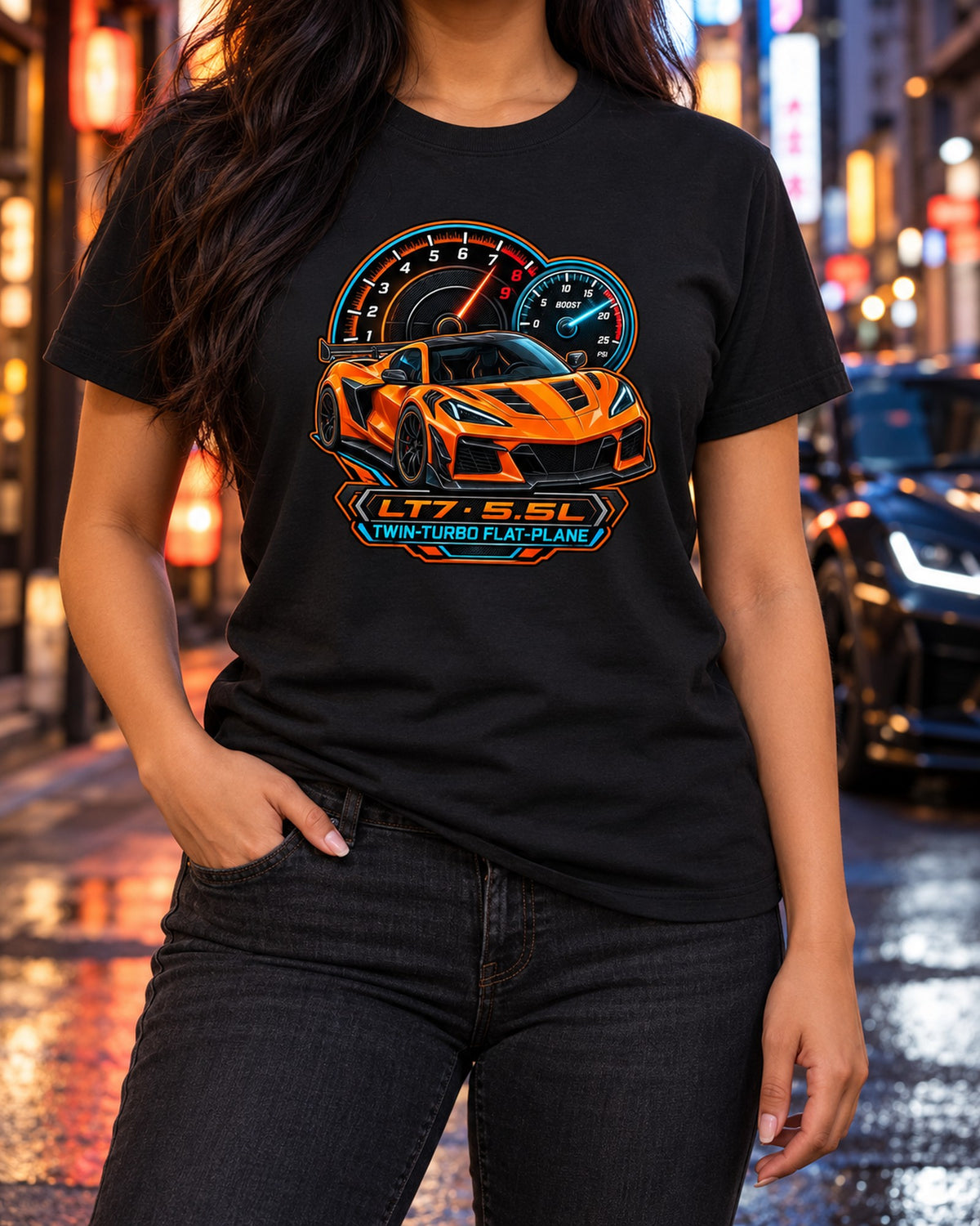 Chevy Corvette C8 Z06 LT7 Varsity Crest Embroidery Style Tee T-Shirt Black worn hero