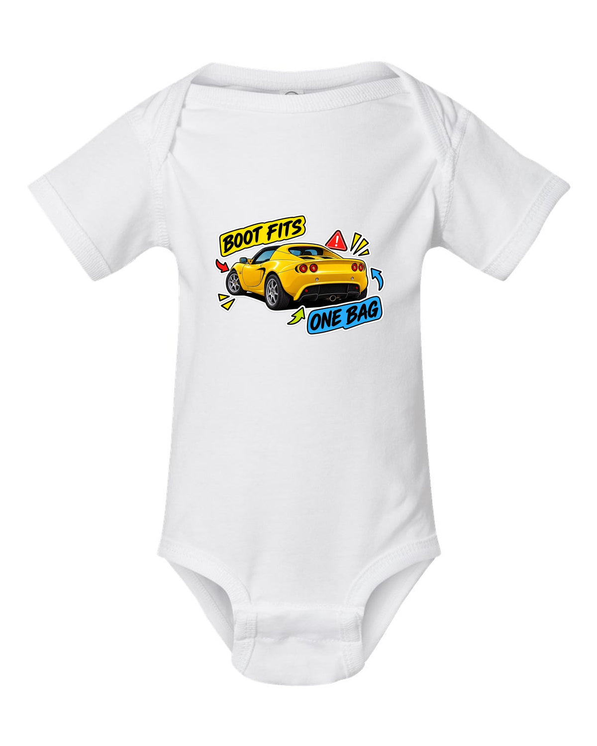 Lotus Elise S2 sticker bomb collage with BOOT FITS ONE BAG lettering white baby onesie front view with the design