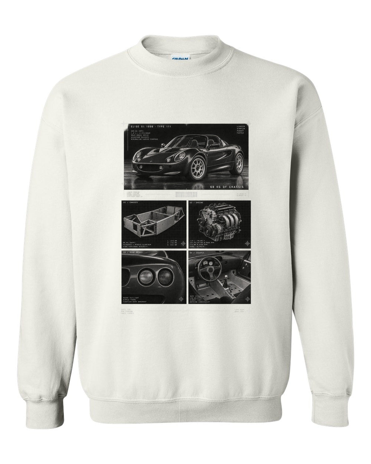 Dossier panel print of a 1996 Lotus Elise S1 Type 111 with 68 kg of chassis text white crewneck front view with the design