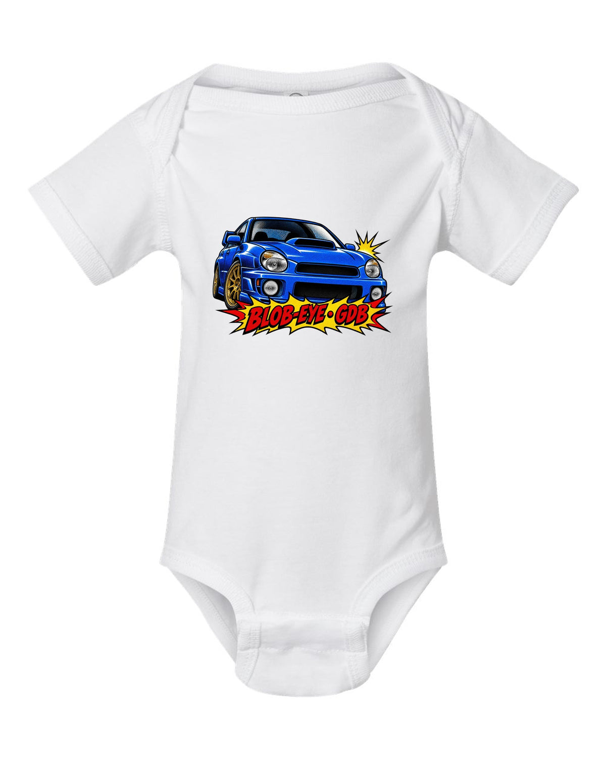 Halftone pop-art print of a Subaru Impreza WRX STI GDB with blob-eye GDB lettering white baby onesie front view with the design