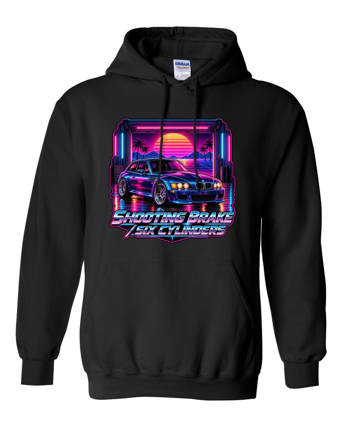 BMW Z3 M Coupe synthwave outrun print with shooting brake text black pull over hoodie front view with the design