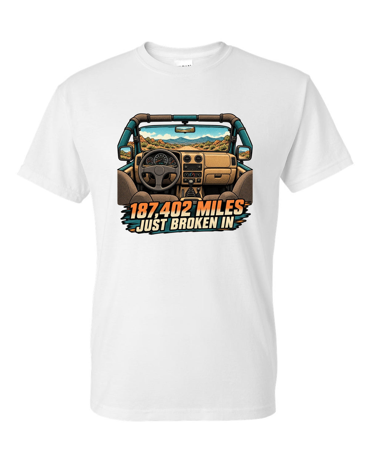 Halftone manga panel of a sun-faded Jeep Wrangler TJ dashboard with 187,402 MILES JUST BROKEN IN lettering white t-shirt front view with the design