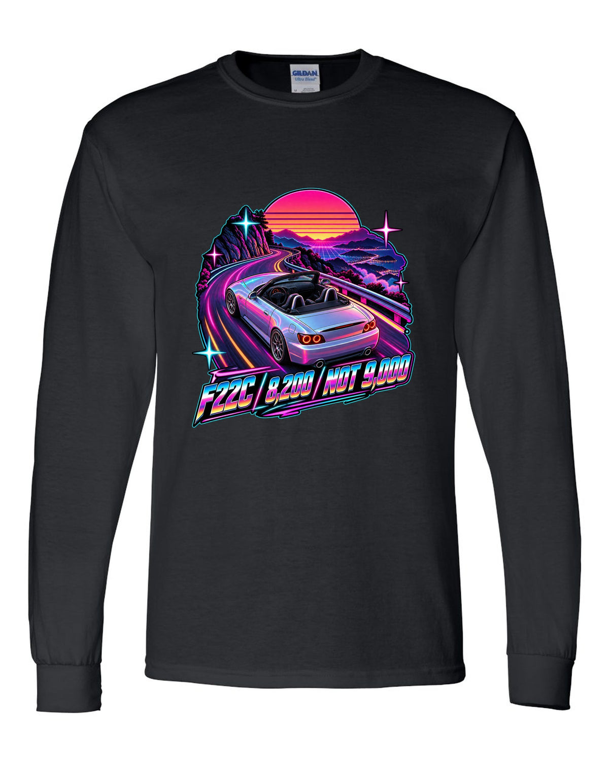 Neon synthwave print of a 2004 Honda S2000 AP2 roadster with F22C 8,200 Not 9,000 lettering black long sleeve front view with the design