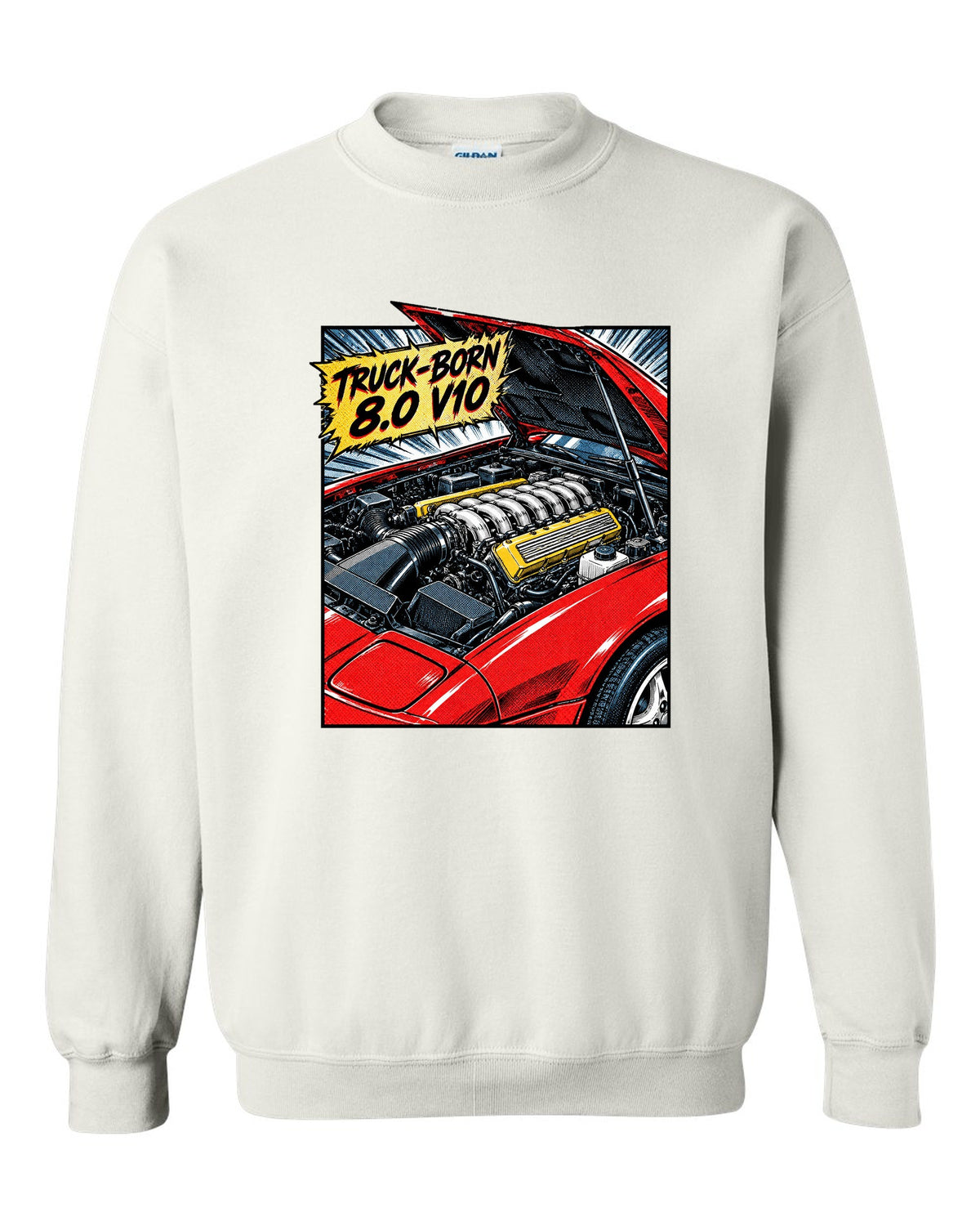 Retro manga halftone panel of a 1993 Dodge Viper RT/10 SR I with 8.0 V10 caption white crewneck front view with the design