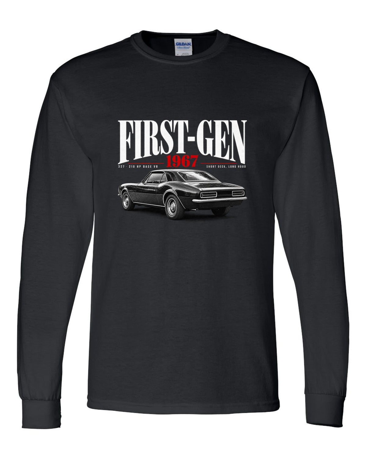 Editorial-style print of a 1967 Chevrolet Camaro RS with first-gen and 327 V8 caption black long sleeve front view with the design