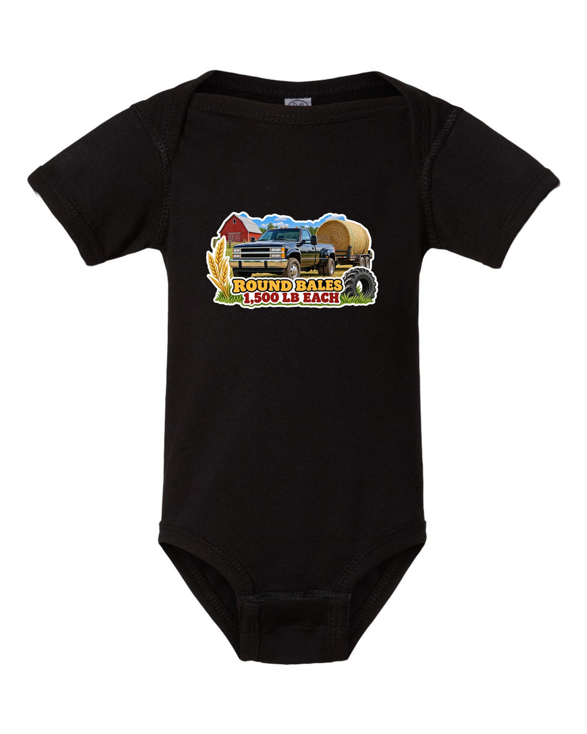 Sticker collage print of a 2010-2018 Ram 2500 6.7 hauling round bales with 1,500 lb each text black baby onesie front view with the design