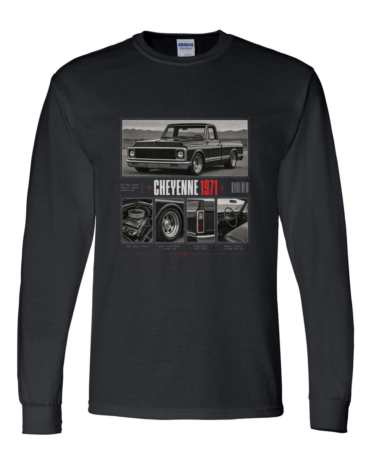 Dossier panel print of a 1971 Chevrolet C10 Cheyenne with 350 small block text black long sleeve front view with the design