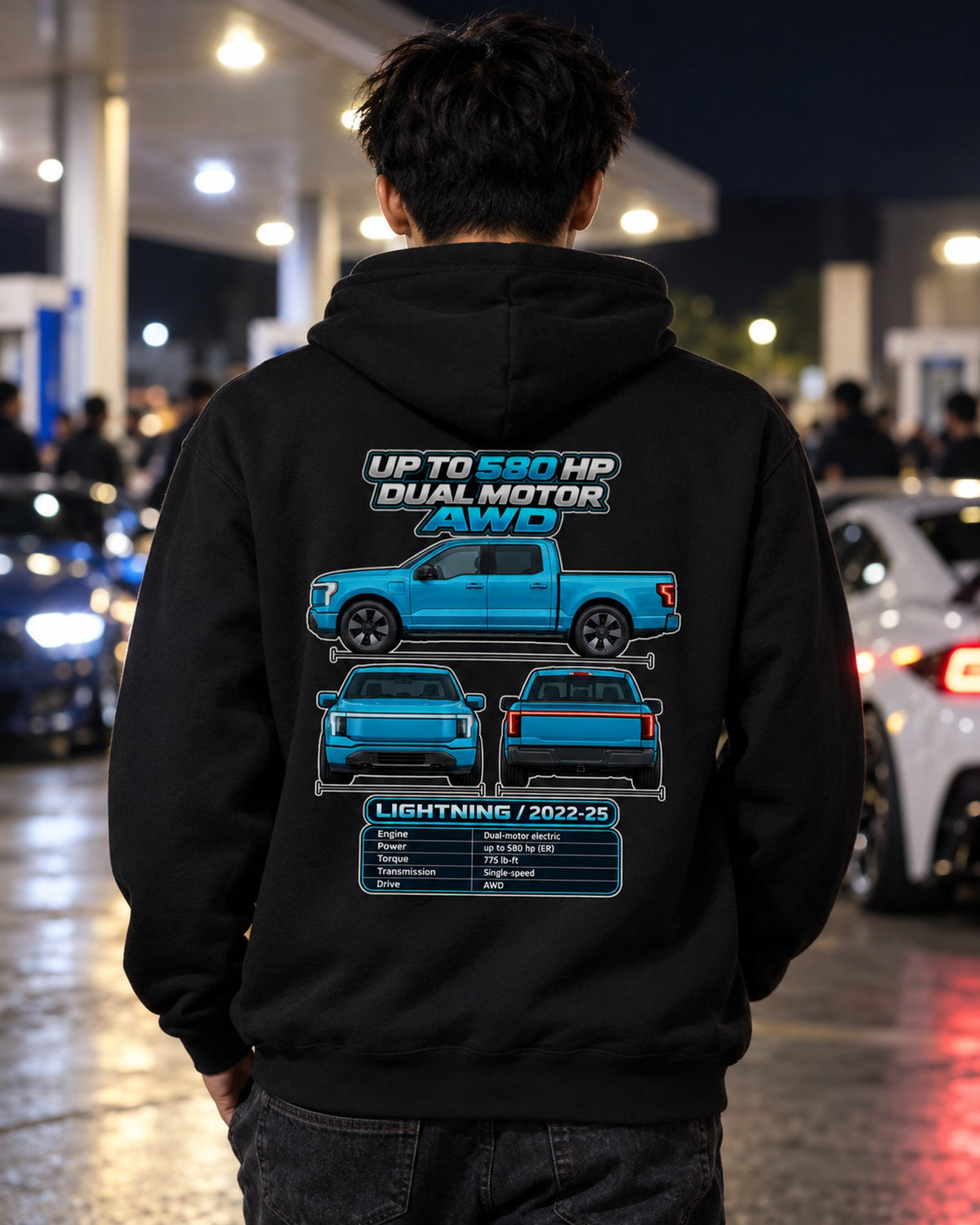 Ford F 150 Lightning Spec Sheet Full-Back Graphic Tee Pull Over Hoodie Black worn hero