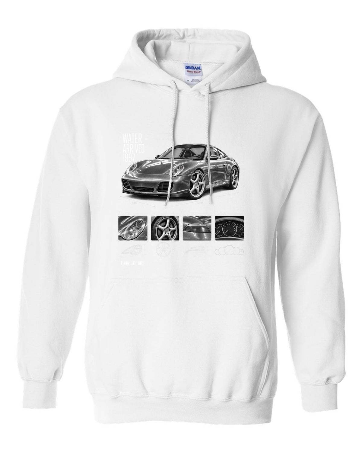 Dossier panel print of a Porsche 911 Carrera 4S (996) with the heading Water Arrived 1997 white pull over hoodie front view with the design